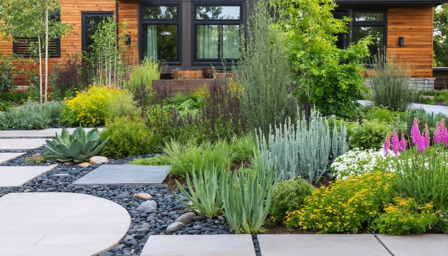 Climate-resilient garden landscape with drought-tolerant plants and mulched paths