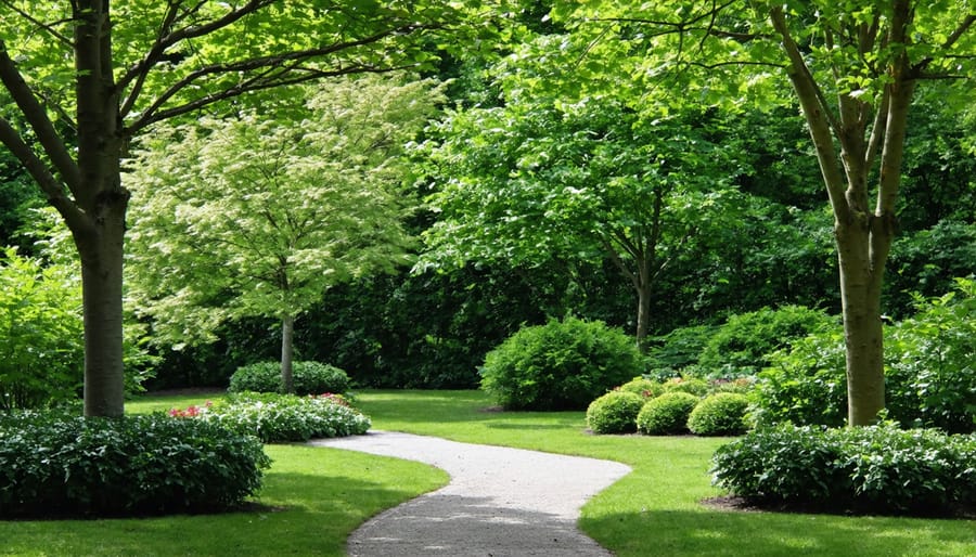 Harmonious companion planting arrangement featuring ornamental trees and complementary plants