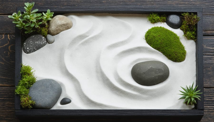Beautifully arranged indoor zen garden with raked sand patterns and natural elements