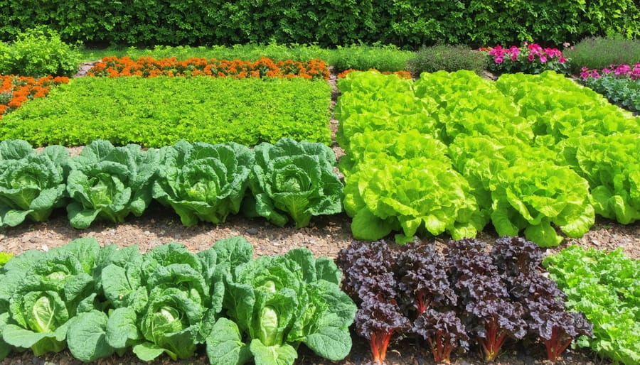 Overhead view of a neatly organized vegetable garden with labeled plant sections