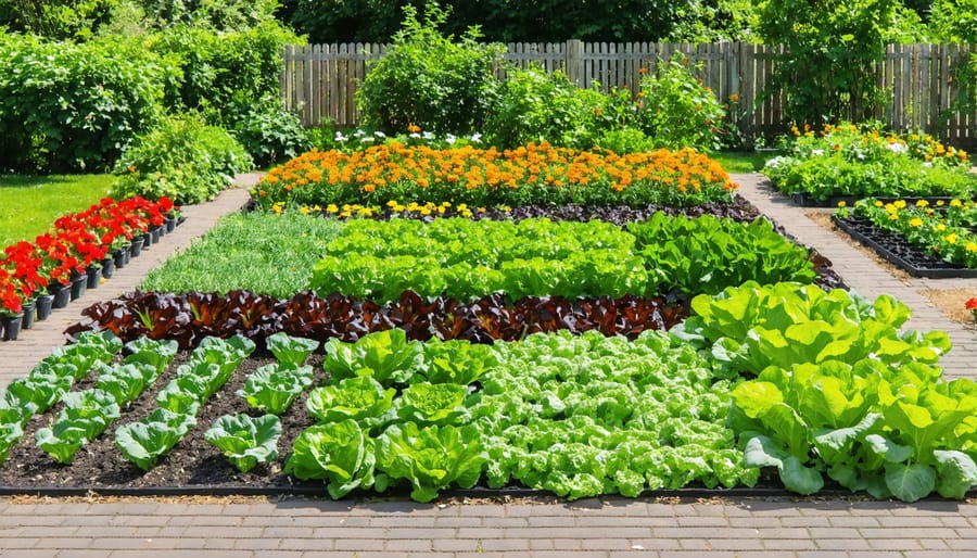 Productive backyard garden showing rows of vegetables, herbs, and flowers growing together