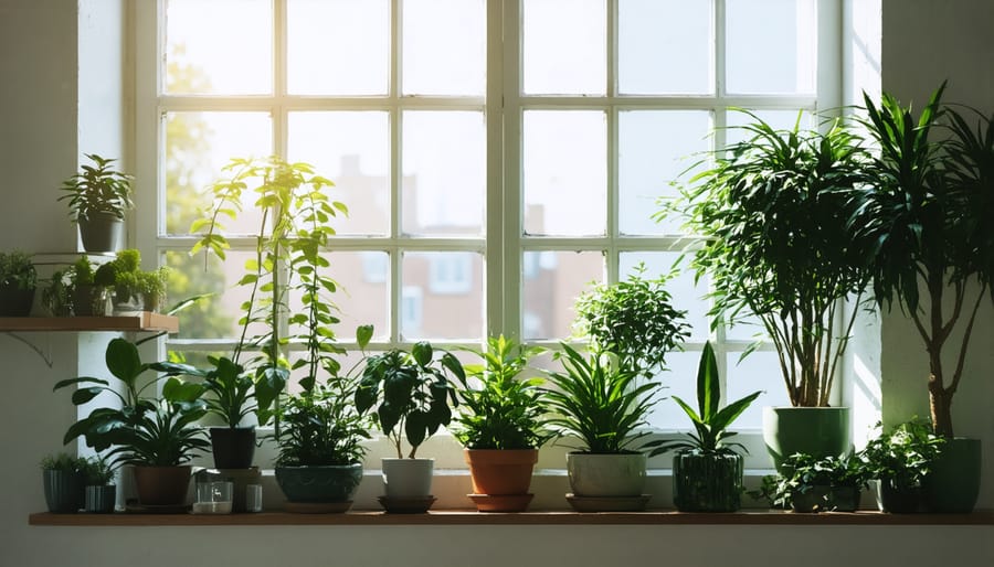 Indoor garden display showing plants arranged near a sunny window with some plants closer and others further from the light source
