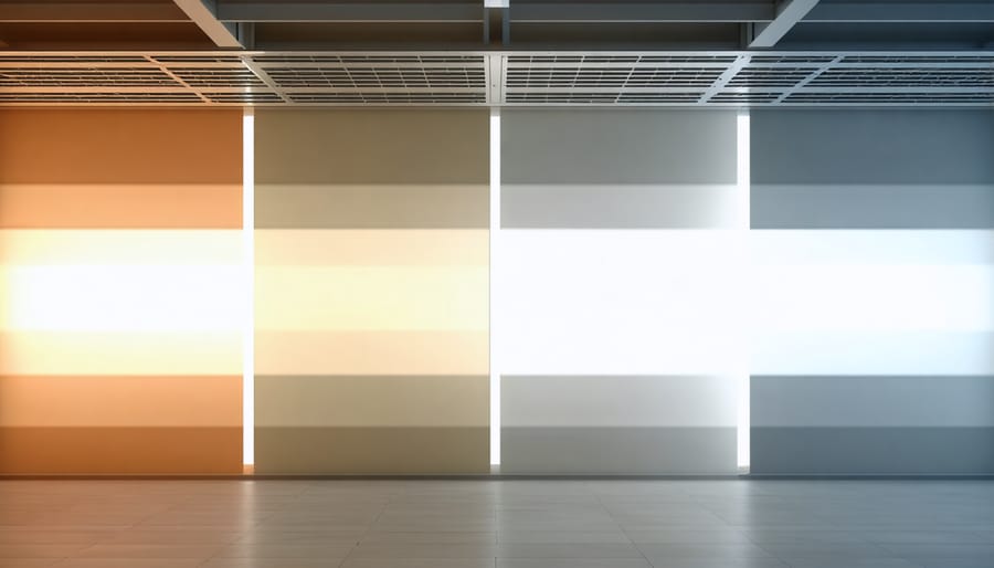 Different indoor spaces showing bright, medium, and low light conditions with light meter measurements