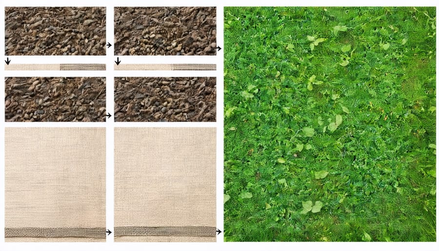 Installation process of biodegradable landscape fabric showing preparation, laying, and securing steps