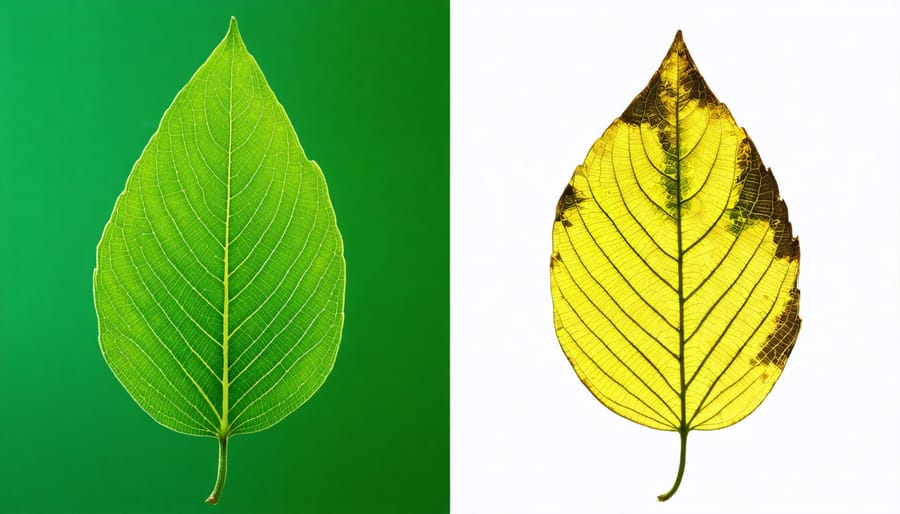 Side-by-side comparison of healthy plant leaves and leaves showing potassium deficiency symptoms