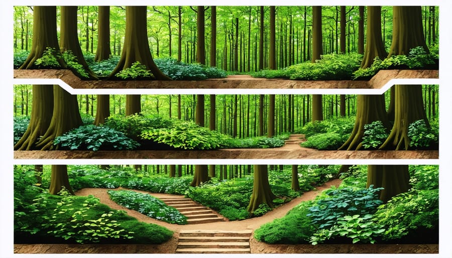 Layered shade garden featuring canopy trees, understory shrubs, and ground cover plants creating a natural woodland scene