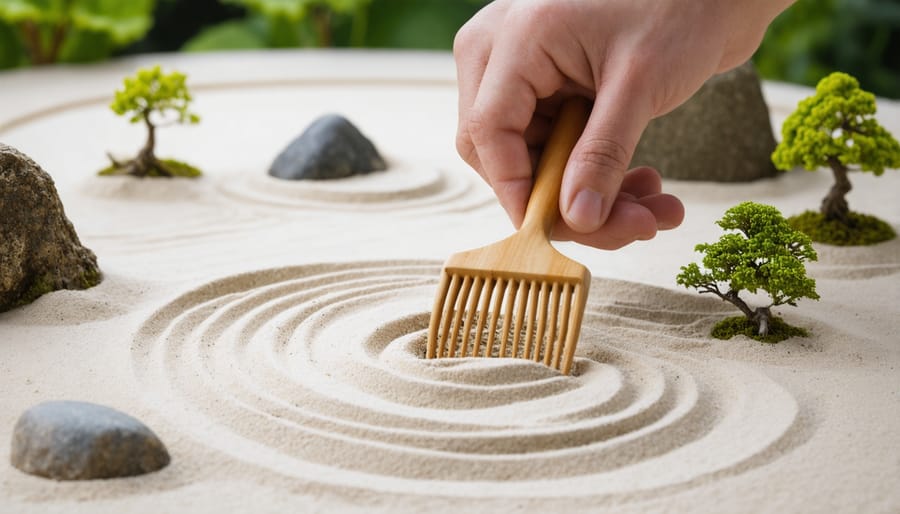 Individual practicing mindfulness while raking patterns in a small zen garden