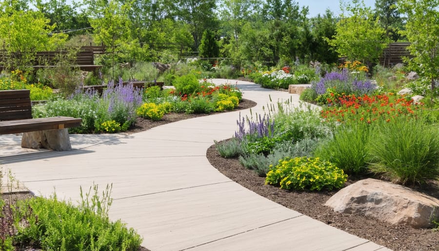 Aerial view of a demonstration garden featuring distinct planting zones and educational areas