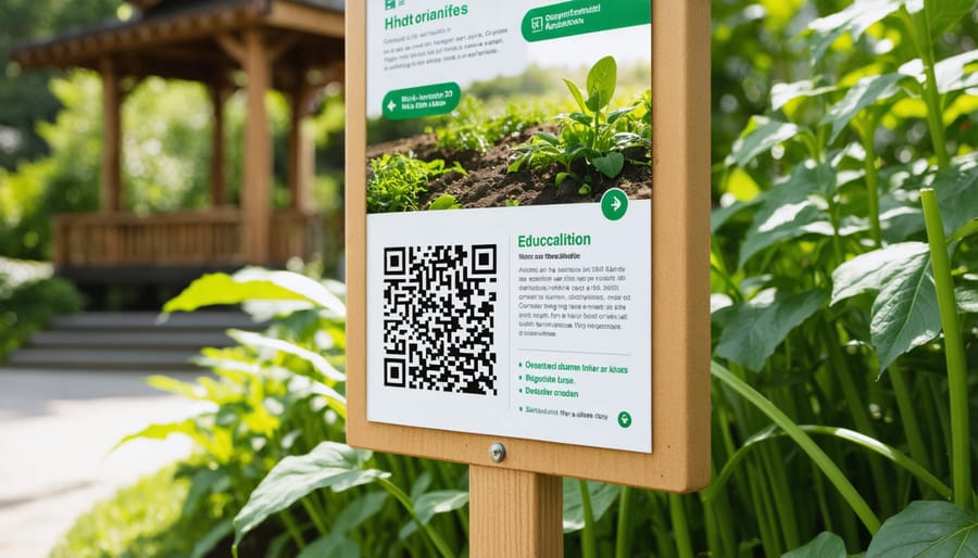 Detailed view of weatherproof plant identification sign with species information and scannable QR code
