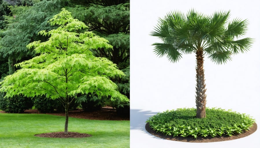 Side-by-side comparison of native and non-native ornamental trees in a landscaped garden
