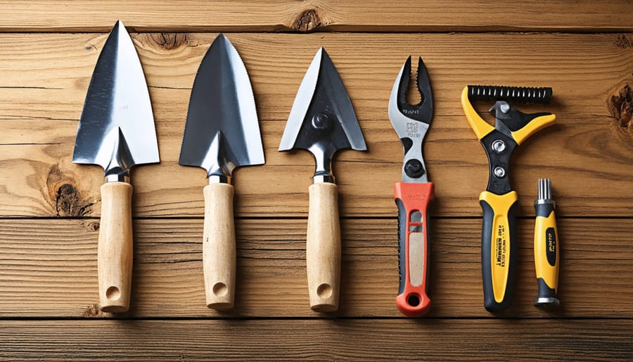 Essential gardening hand tools including premium trowel, bypass pruners, and three-tine cultivator