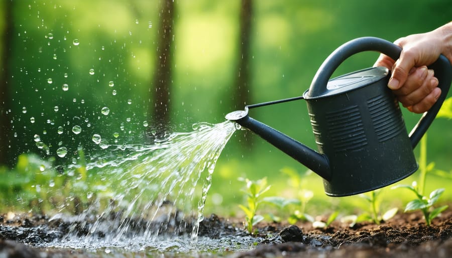 Person demonstrating correct indoor plant watering method using a moisture meter and watering can