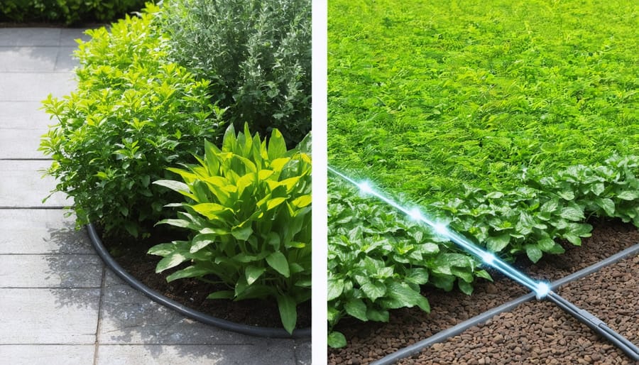 Comparison showing the difference between traditional and smart irrigation results in garden health