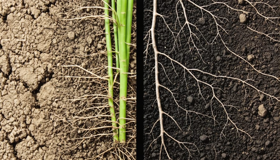 Comparison of rich, dark garden soil full of organic matter next to poor, light-colored compacted soil