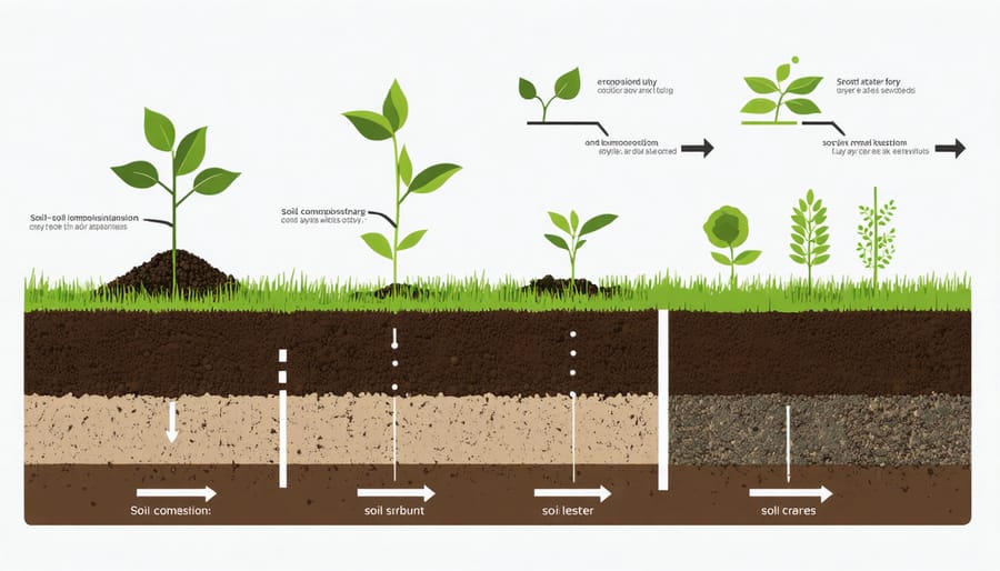 Cross-section diagram of soil layers showing sand, silt, clay, and organic matter proportions