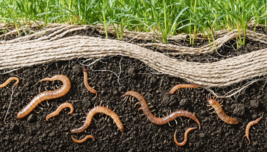 Biodegradable landscape fabric decomposing into healthy soil with visible earthworms
