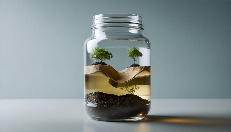 Mason jar soil settling test showing separated layers of sand, silt, and clay