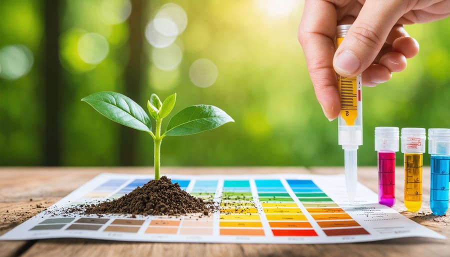 Hands using a soil testing kit with color-coded results for potassium levels