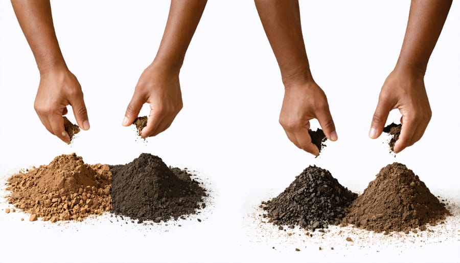 Demonstration of soil squeeze test showing different soil textures in hands