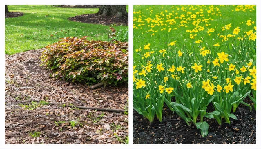 Before and after comparison of spring perennial garden cleanup showing transformed garden bed