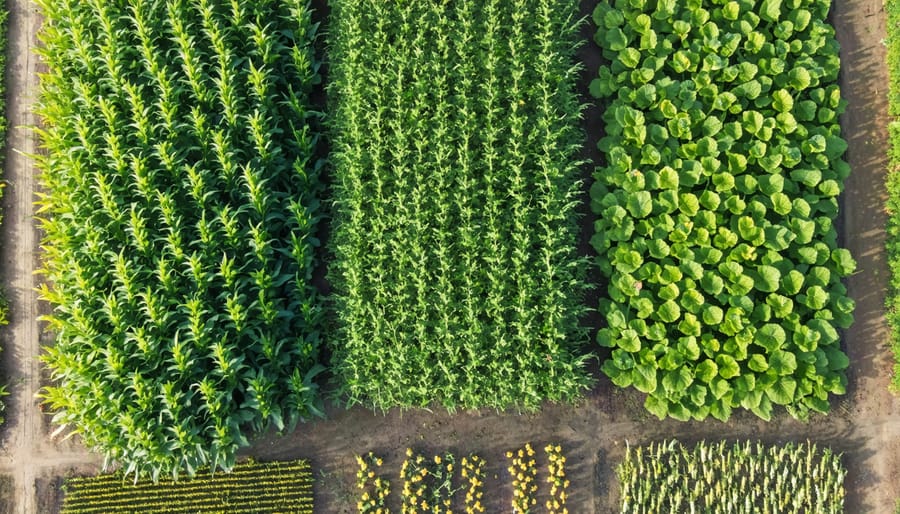 Traditional Three Sisters garden layout showing corn, beans, and squash growing together in a complementary pattern