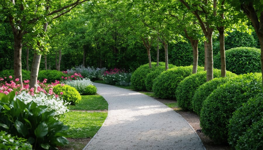 Winding garden path bordered by trees, contrasting foliage textures, and artistic garden ornaments