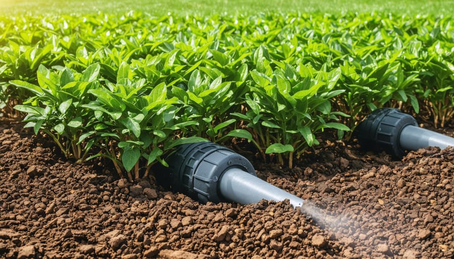 Close-up of proper mulching technique with installed drip irrigation