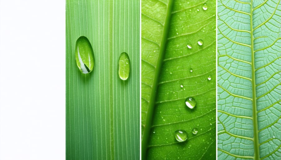 Comparison of healthy green plant leaves next to yellowing, droopy overwatered leaves