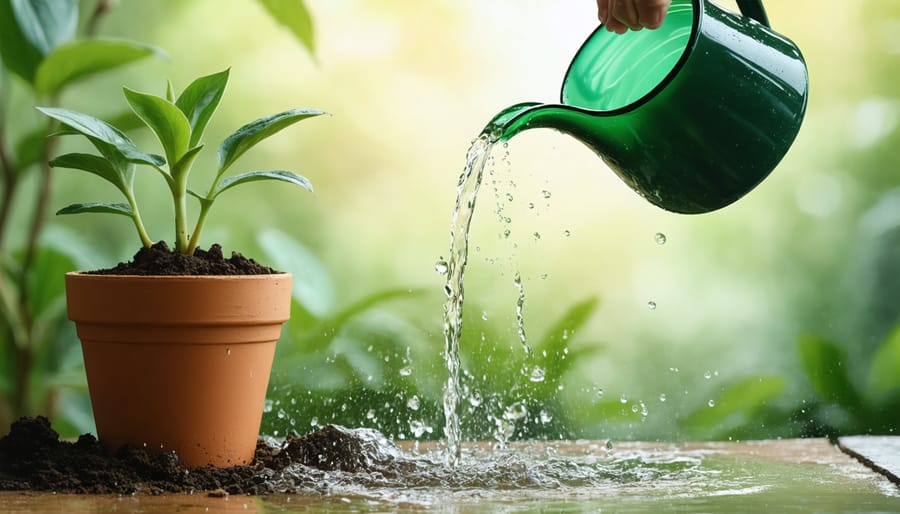 Person watering a ZZ plant demonstrating correct watering technique with water flowing through drainage holes