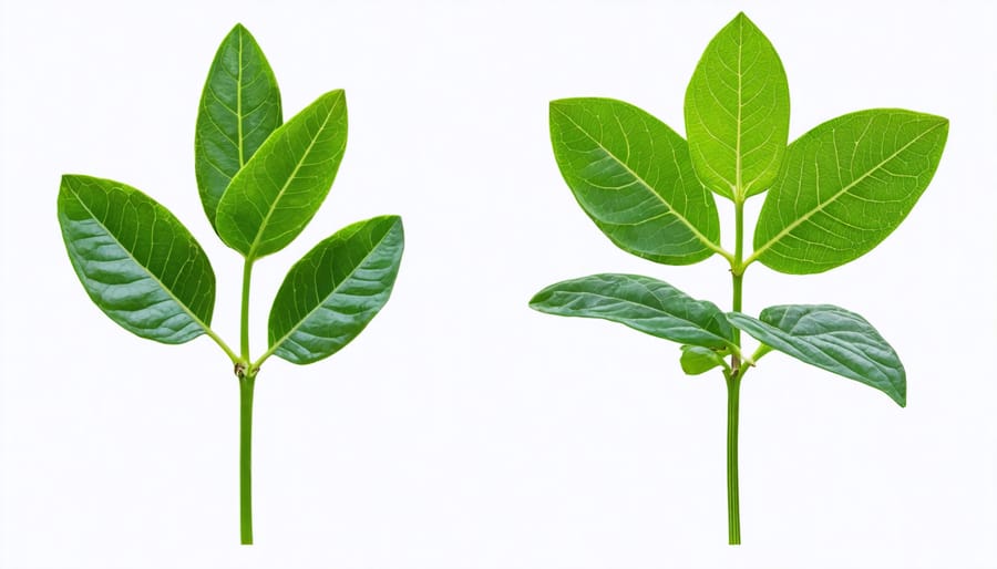 Comparison showing healthy ZZ plant leaves next to wrinkled leaves indicating water stress