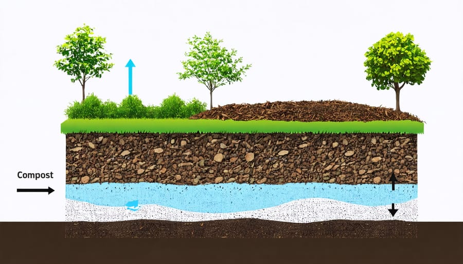 Cross-section view of climate-resilient soil preparation layers with labels