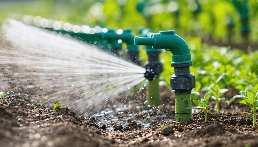 Drip irrigation emitters delivering water directly to plant roots in a garden bed