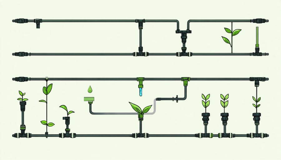Labeled diagram showing essential components of a drip irrigation system