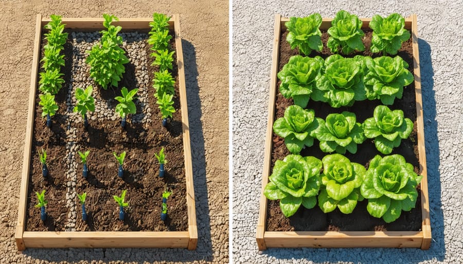 Side-by-side comparison of traditional watering versus drip irrigation in raised garden beds