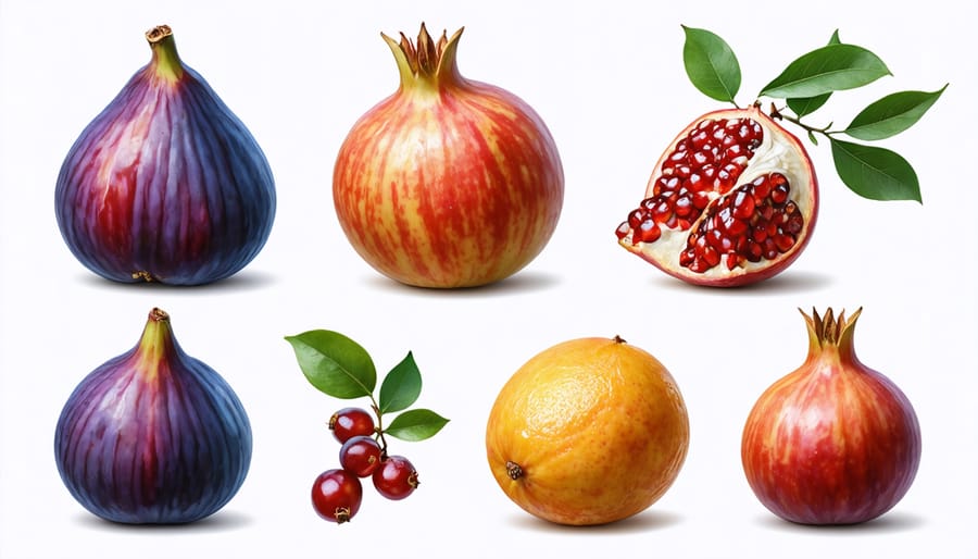 Display of various drought-resistant fruits arranged on a rustic wooden surface