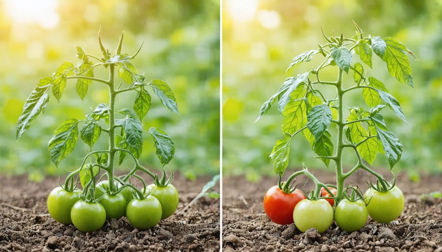 Comparison showing drought-resistant tomato plant staying healthy while traditional variety wilts