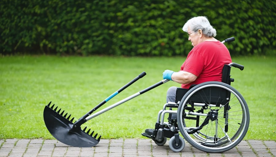Disabled gardener using an extended-reach weeding tool from their wheelchair