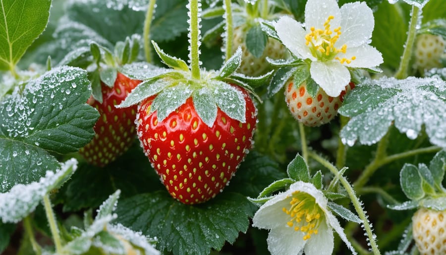 Frost-resistant strawberry plants with flowers surviving in frosty conditions