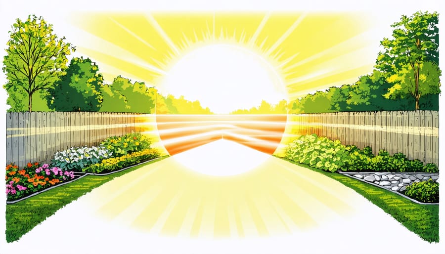 Diagram illustrating sun movement and shadows over different garden bed orientations throughout the day