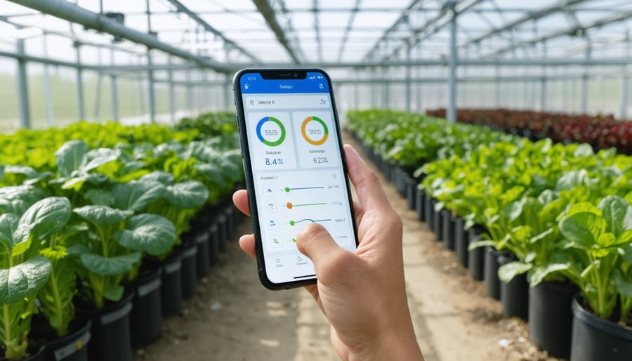 Greenhouse owner using mobile app to control automated greenhouse systems