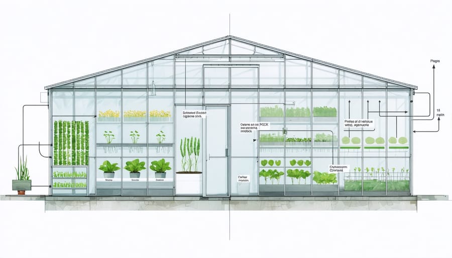 Technical diagram illustrating smart greenhouse component layout and connectivity