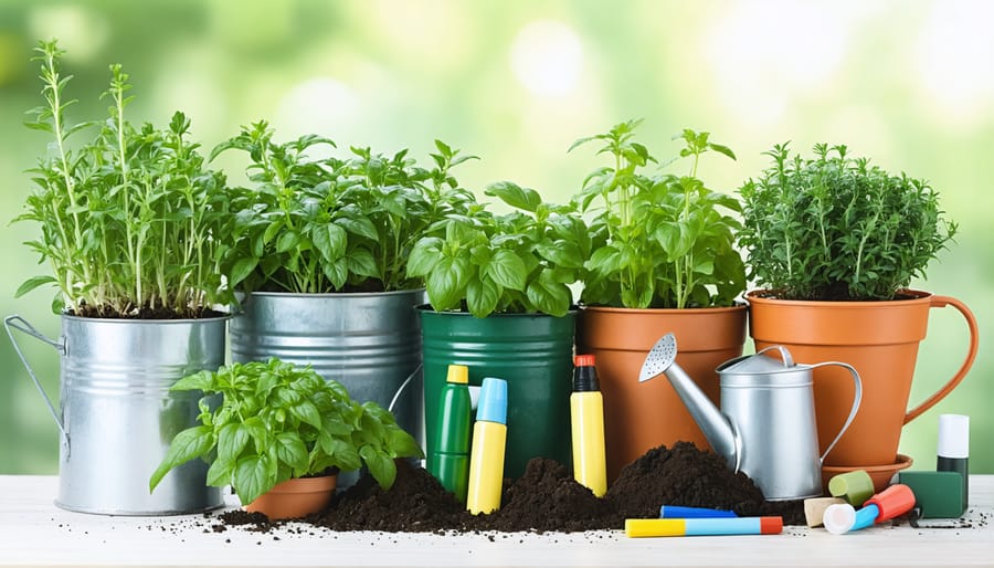Basic herb gardening tools and supplies laid out on a wooden surface