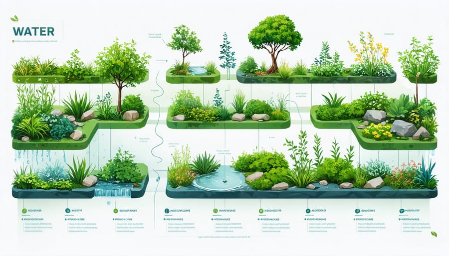 Color-coded garden layout diagram illustrating different watering zones and plant groupings