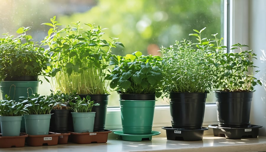 Indoor herb garden displaying various herbs in terracotta pots on a sunny windowsill
