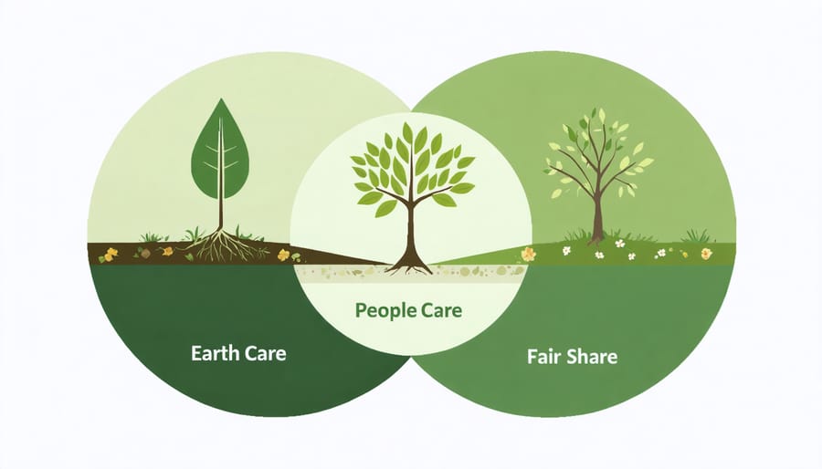 Venn diagram illustrating the three core ethics of permaculture: Earth Care, People Care, and Fair Share overlapping to show their interconnected nature