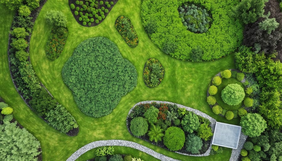 Bird's eye view of a permaculture garden layout demonstrating the five zones radiating from a central house