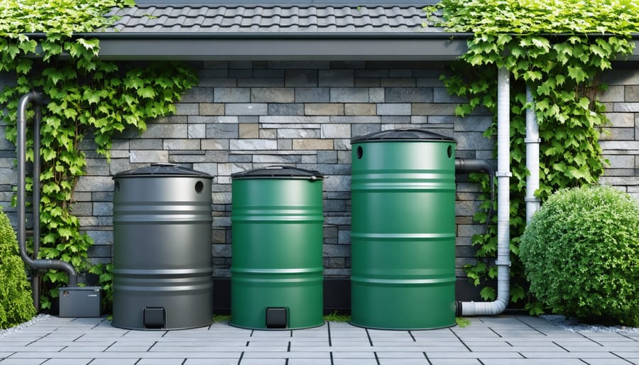 Rain barrel system connected to house gutter showing water collection setup