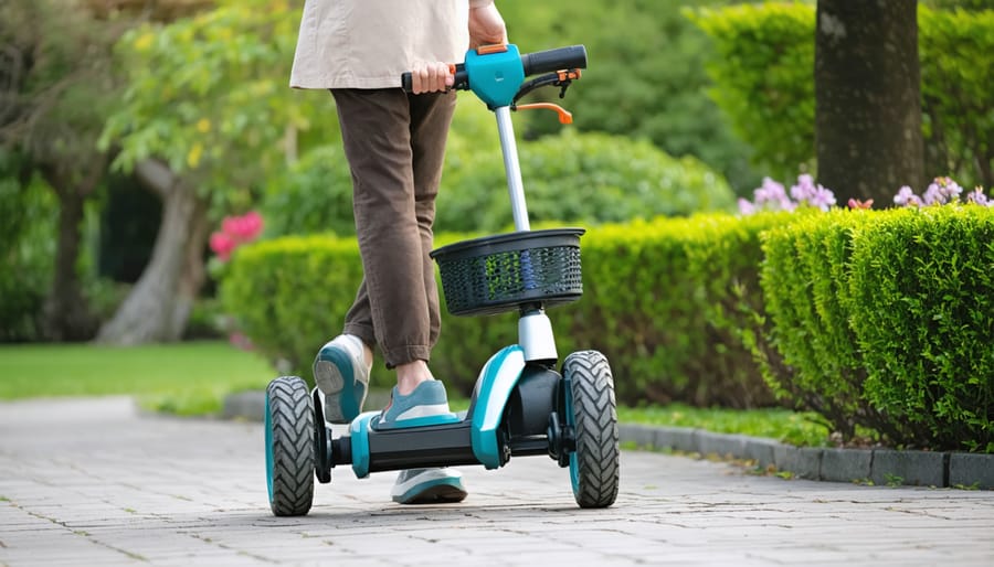 Senior gardener seated on a wheeled garden scooter reaching for plants with tools stored in attached basket