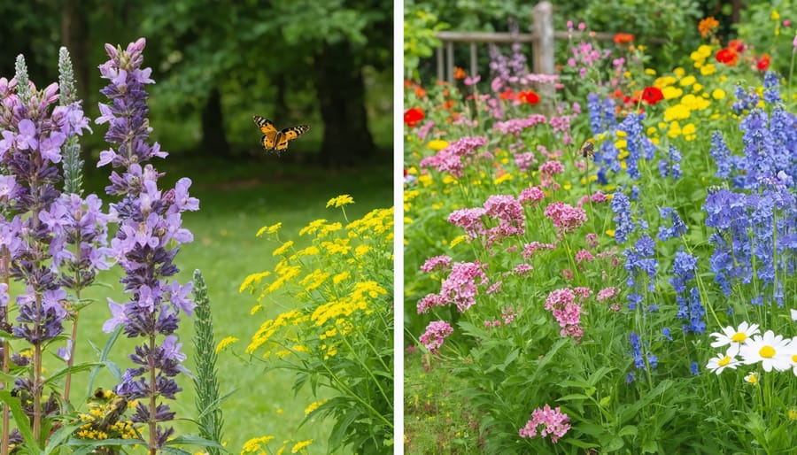Four-panel image showing key maintenance activities across different seasons in a pollinator garden