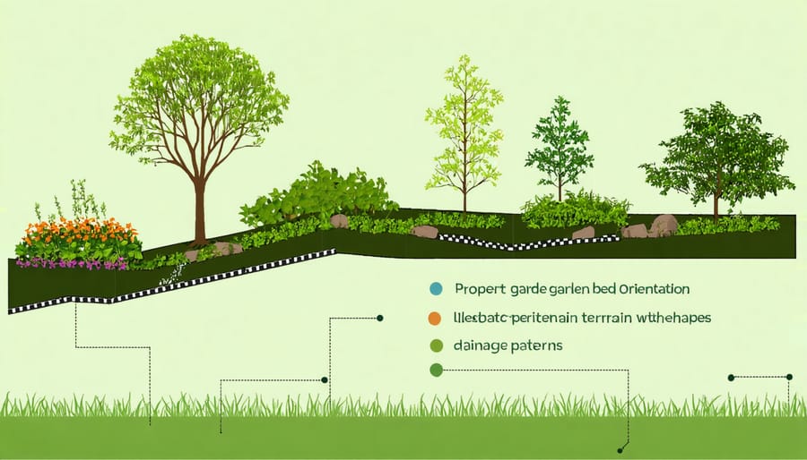 Cross-section diagram of garden beds properly oriented on a slope with water flow indicators